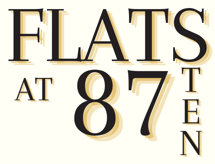 The image displays the text "FLATS AT 87 TEN" in a bold, black and gold font.